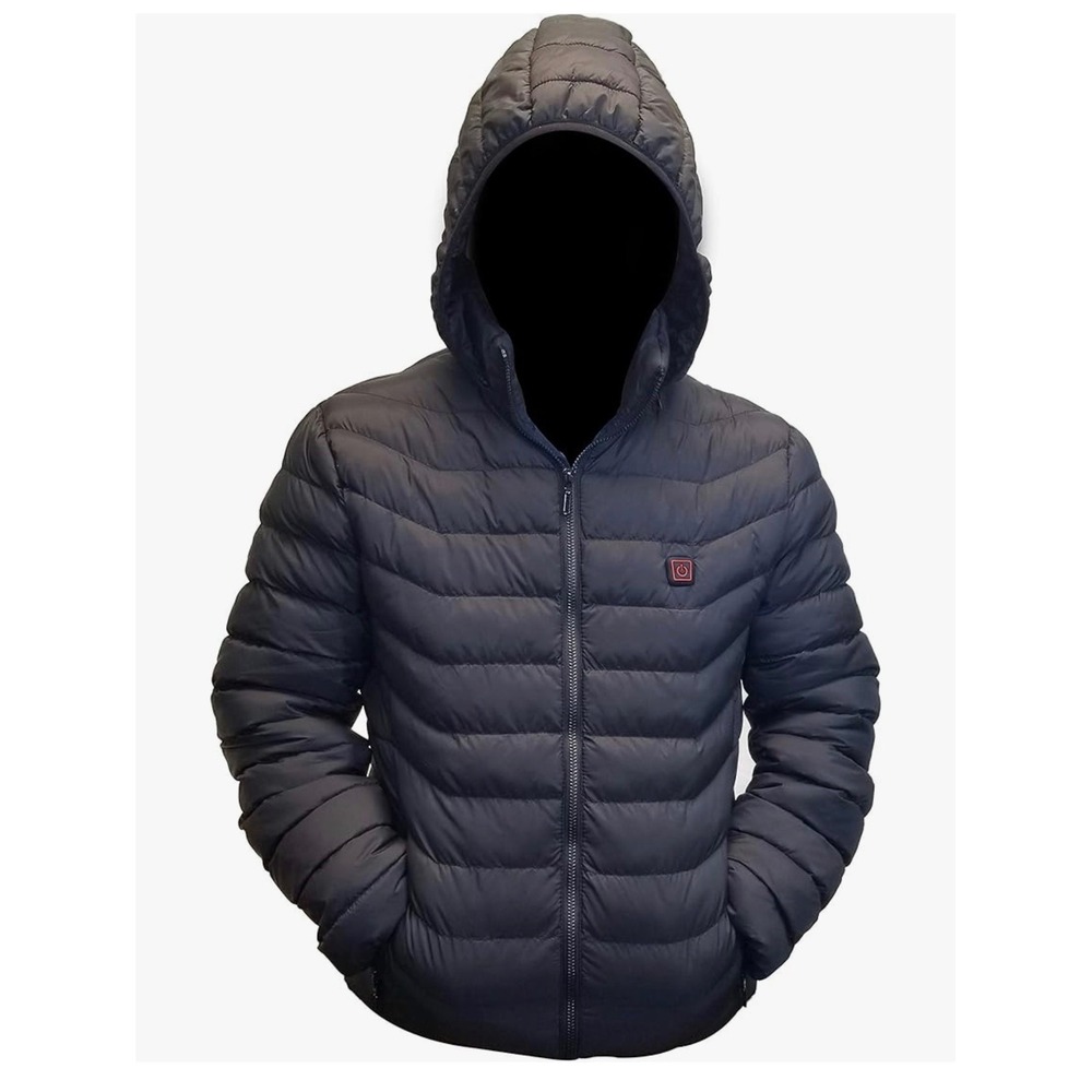 Mens USB Heated Puffer Jacket Black Hooded Thermal‎ Winter Coat M09-9 Size L